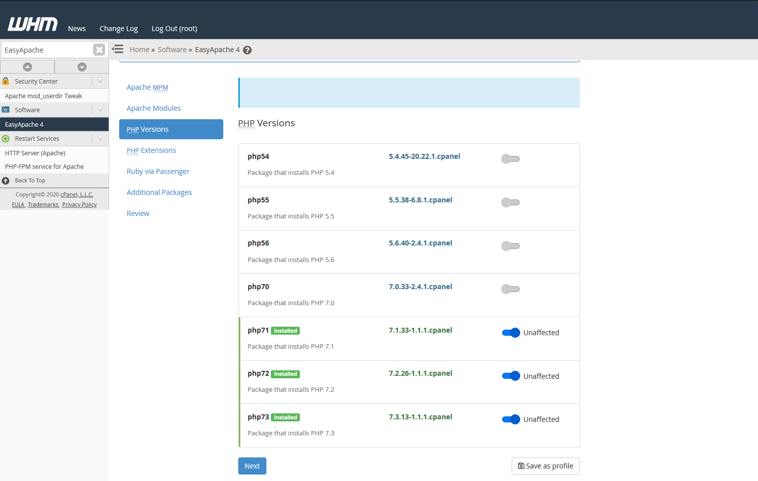 cPanel EA4 PHP Version