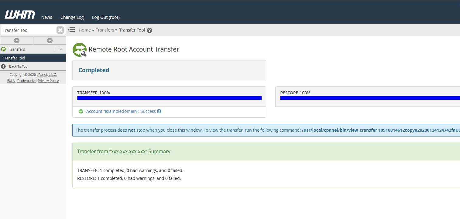 cPanel Transfer Success