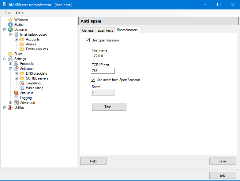 hMailServer > Settings > Anti-spam > SpamAssassin