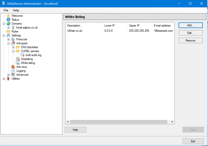 hMailServer > Settings > Anti-spam > White listing