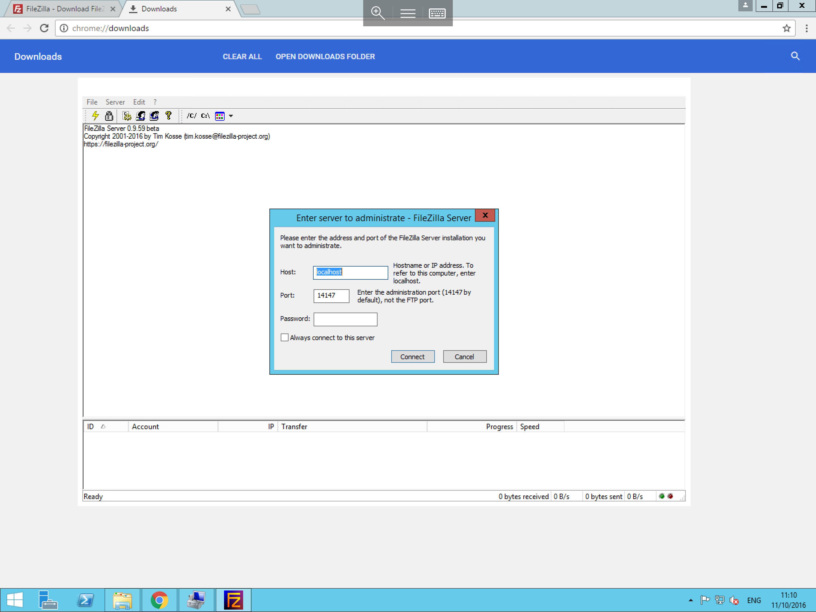 FileZilla Server interface login